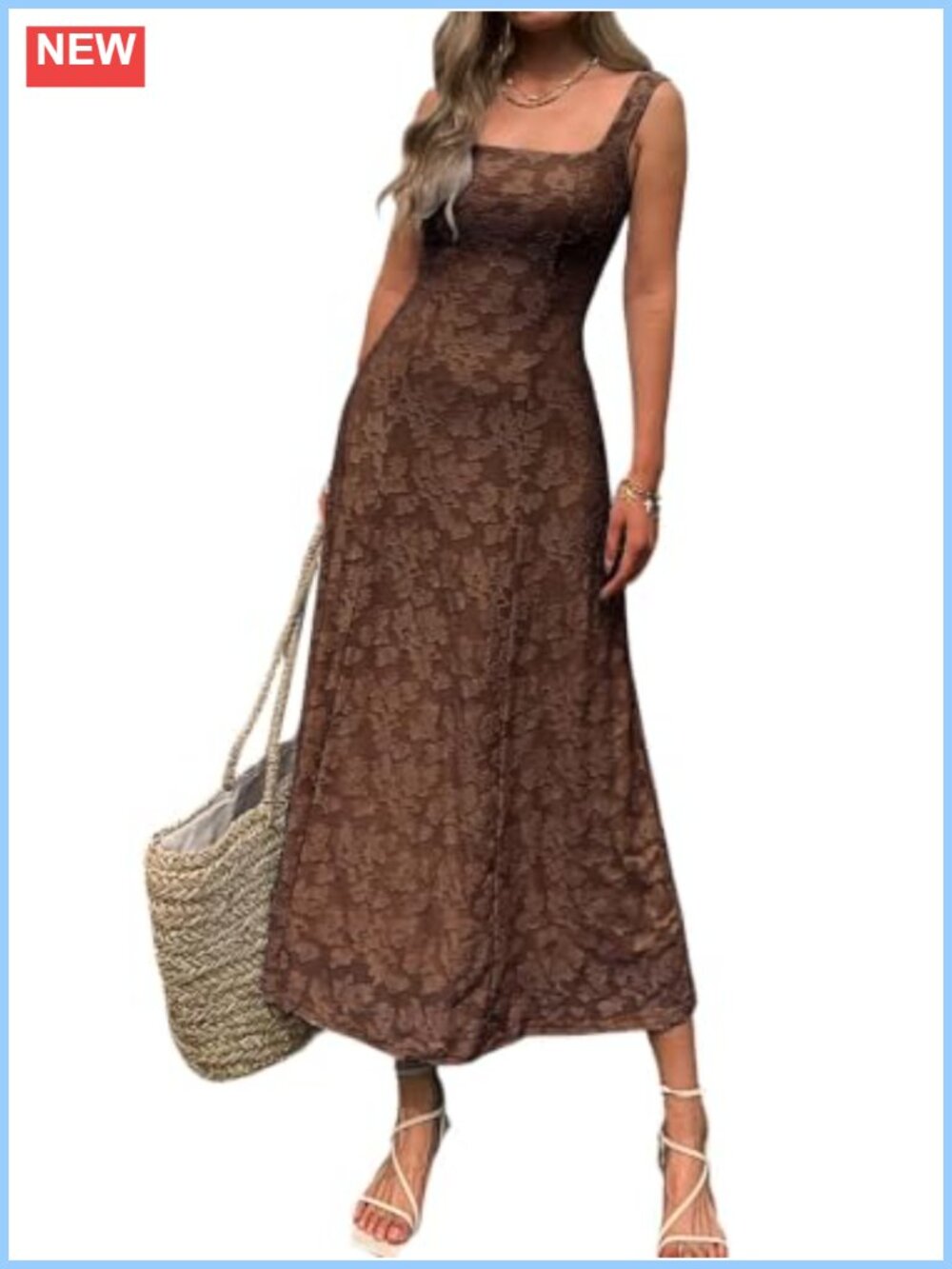 Floral Jacquard Maxi Dress Square Neck Sleeveless A-Line Summer Sundress